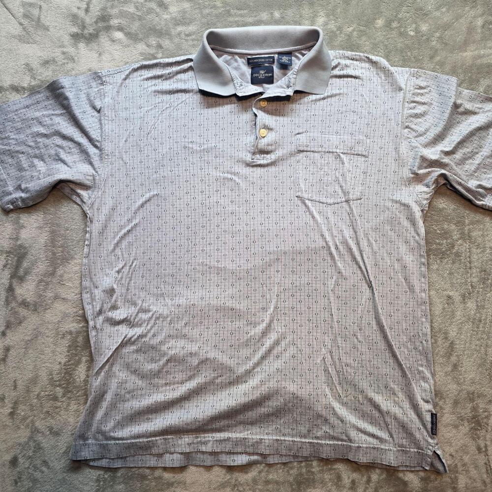 Dockers Golf Polo Shirt Mens L Gray Geometric Mercerized Cotton Short Sleeve